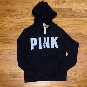 PINK Victoria's Secret Black Hoodie Jacket with White Logo